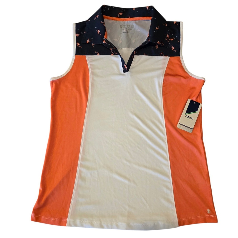 IZOD Golf Sleeveless Polo Shirt Womens Orange White Flamingo Colorblock M NEW